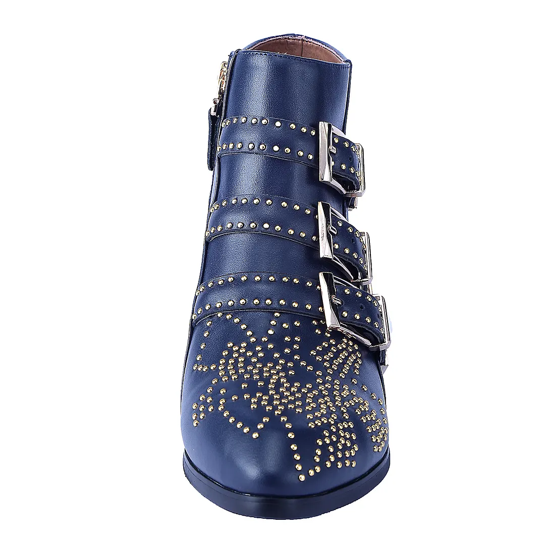 Women's Rivets Metal Buckle Low Heels Ankle Boots Navy Blue Gold-vocosishoes