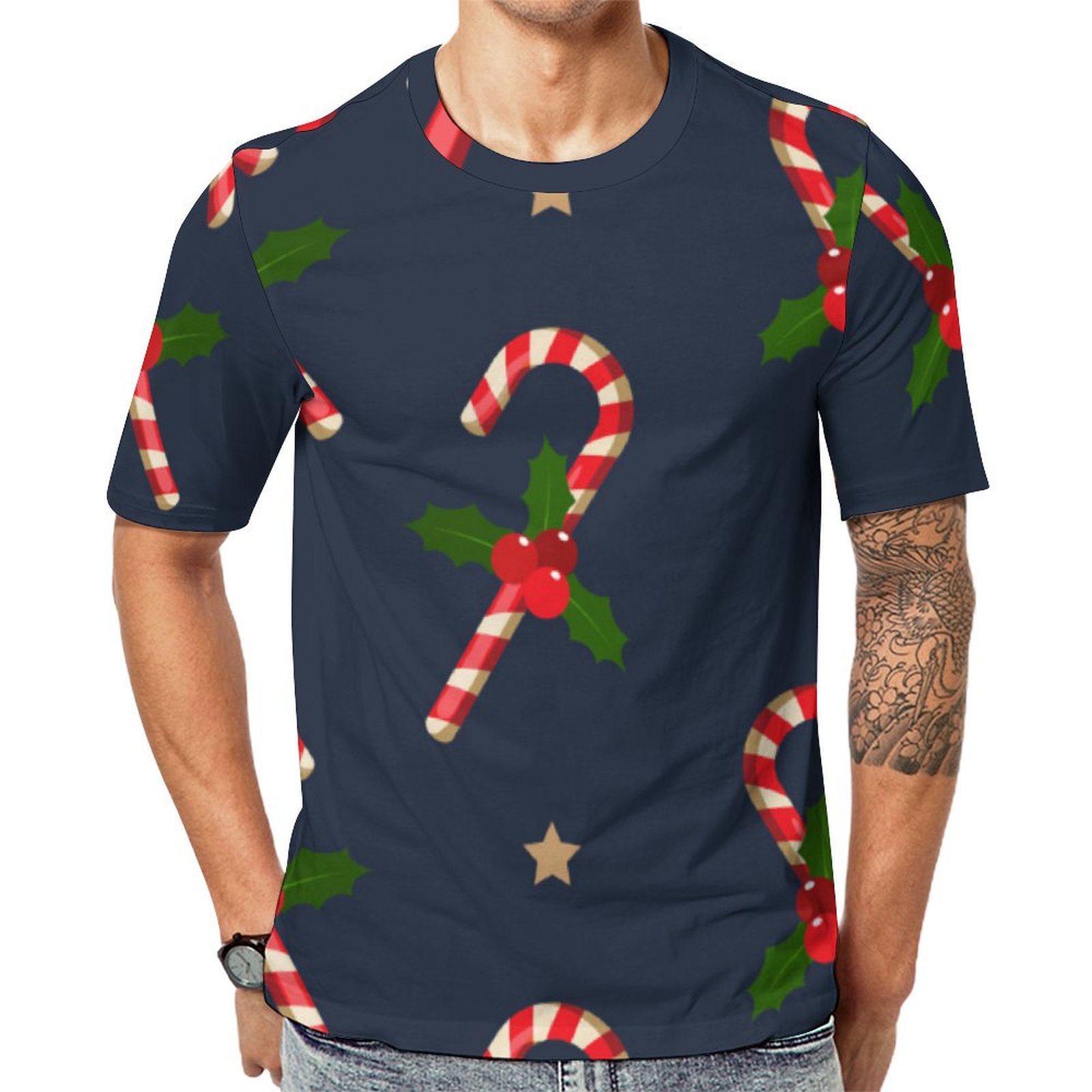 Christmas Holiday Red White Festive Candy Canes Short Sleeve Print Unisex Tshirt Summer Casual Tees for Men and Women Coolcoshirts