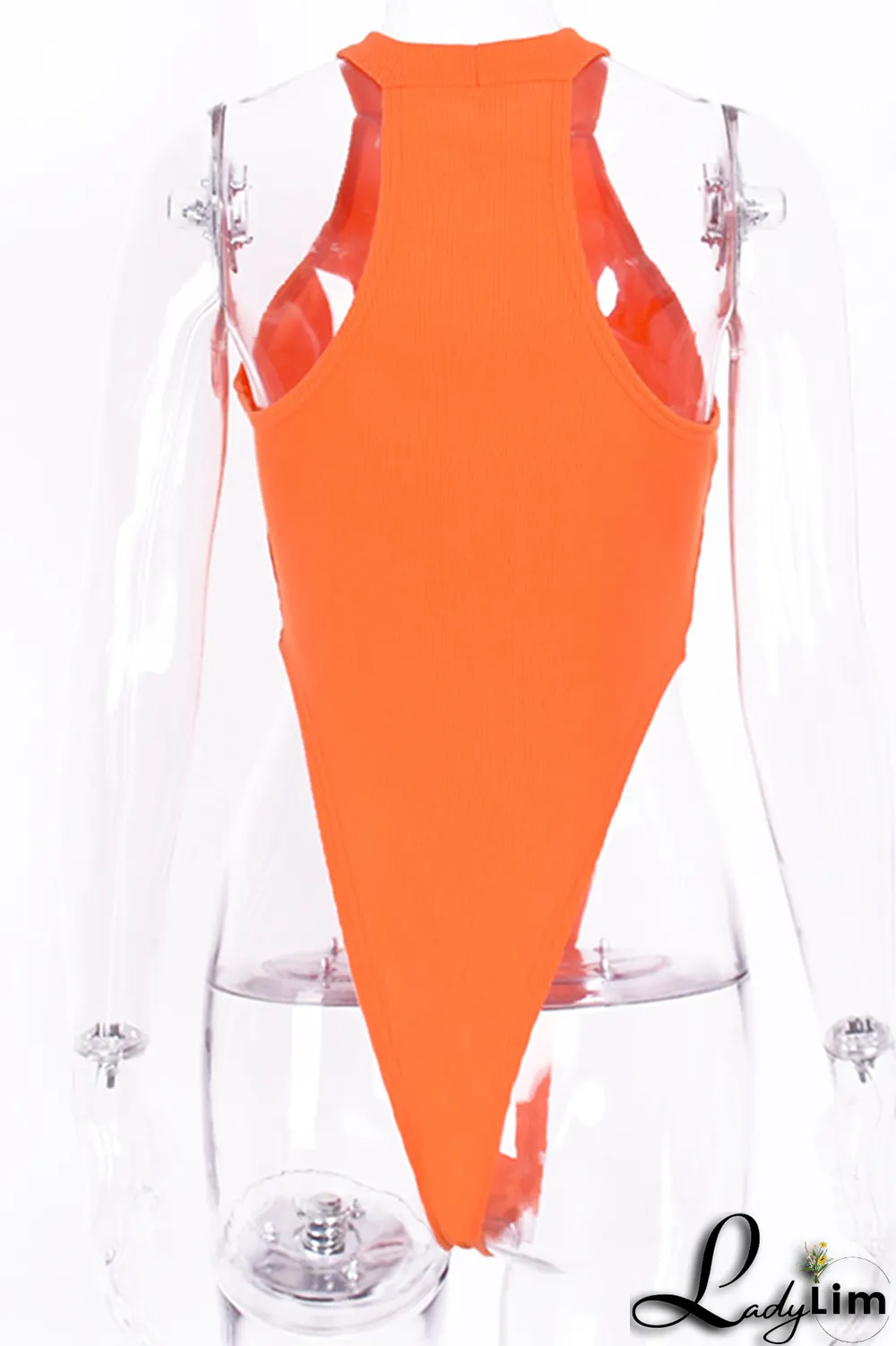 Tangerine Red Sexy Solid Split Joint O Neck Skinny Jumpsuits