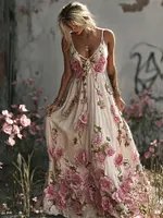 Vintage Romantic Floral Lace Embroidery Boho Women's Spaghetti Strap Maxi Dress