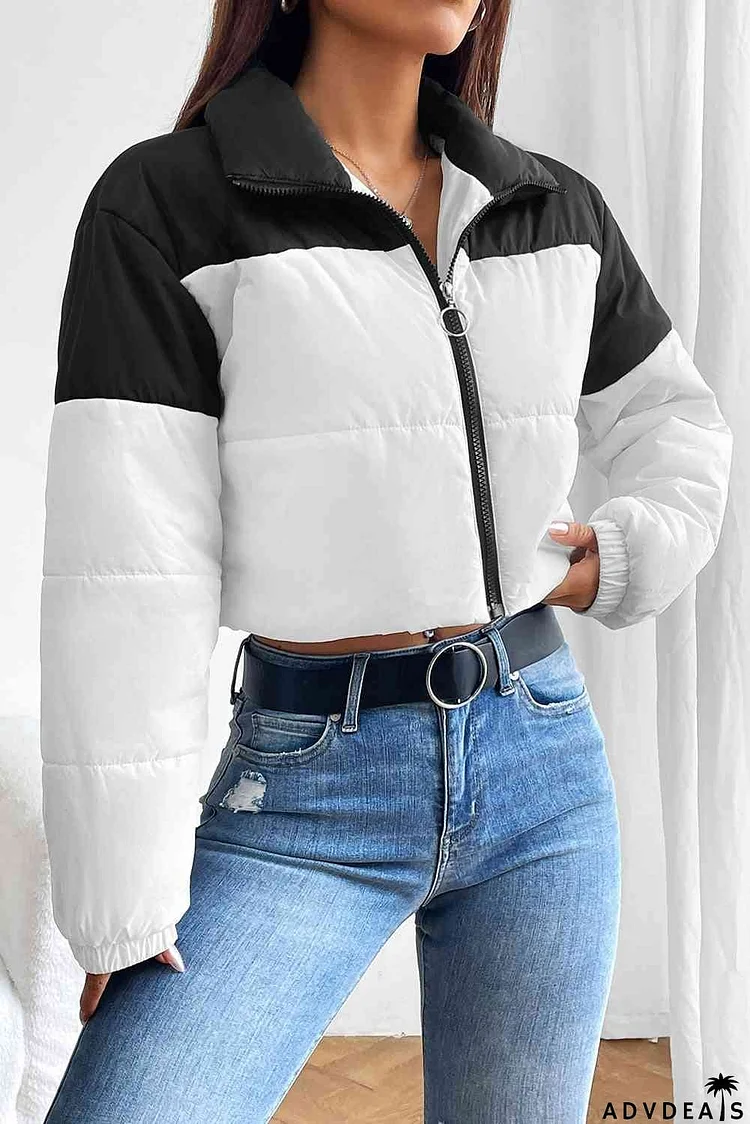 Collared Neck Color Block Puffer Jacket