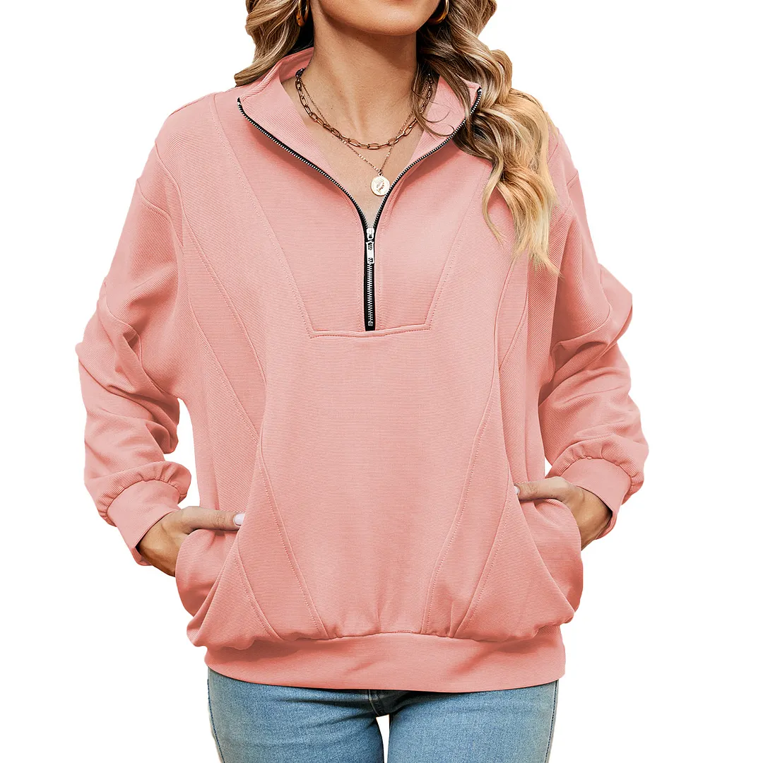 Churchf Churchf New Standing Collar Zipper Pocket Solid Color Long Sleeve Casual Hoodie Woman