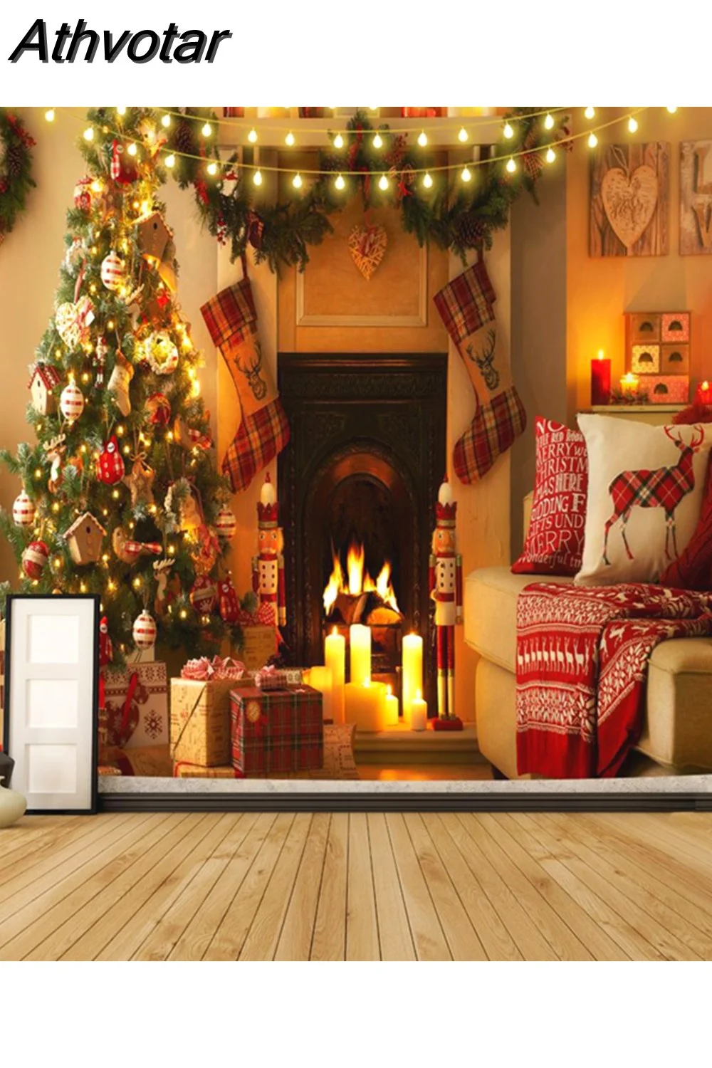 Athvotar Happy New Year Tapestry Christmas Fireplace Wall Hanging Cloth Home Background Bedroom Bedside Decorative Xmas Tree Tapiz