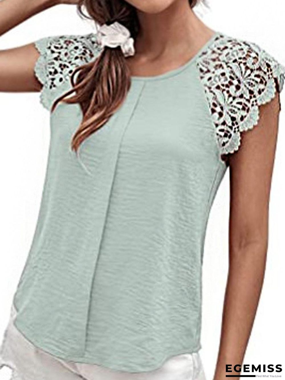 Casual Round Neck Solid Color Stitching Lace Short Sleeves Blouse | EGEMISS