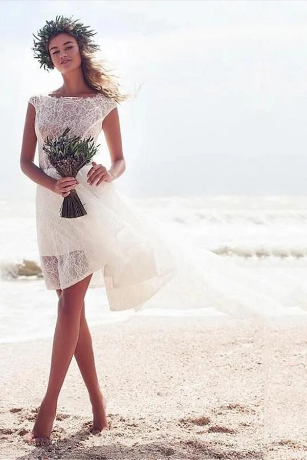 Daisda Boho Hi-Lo Sleeveless A-line Bateau Lace Beach Wedding Dress