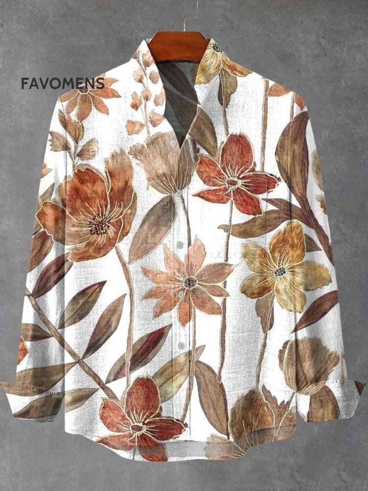 Vintage Hand Drawn Colorful Large Flower Print 100% Cotton Long Sleeve Shirt Multicolor / S