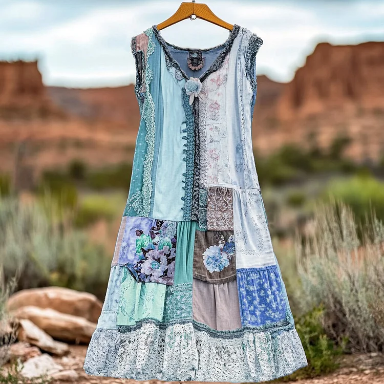 VChics Women's Vintage Floral Lace Patch Comfort Dress