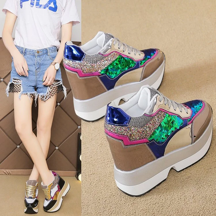 Wongn Wongn Women's Shoes Sequins Spell Color Belt Platform Inside Increased Ultra High Heel Casual Shoes Sports Shoes Women's Shoes