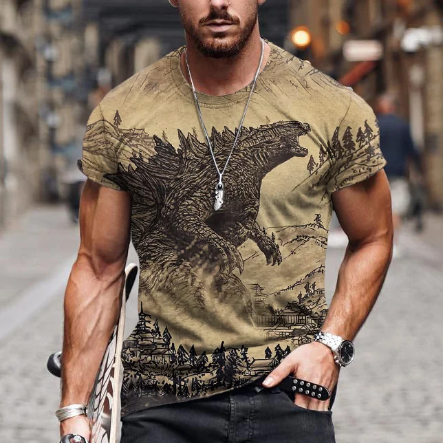 Abstract Creative Vintage Godzilla Japanese Art Pattern Print Vintage T-Shirt