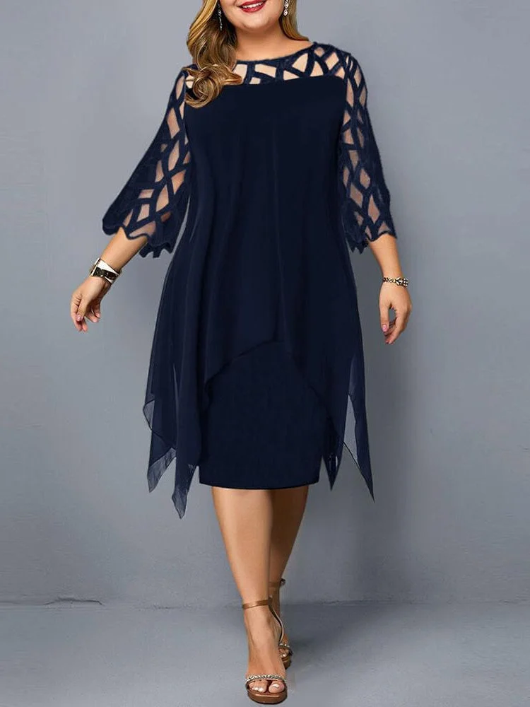 Women's 3/4 Sleeve Scoop Neck Lace Solid Color Midi Dress