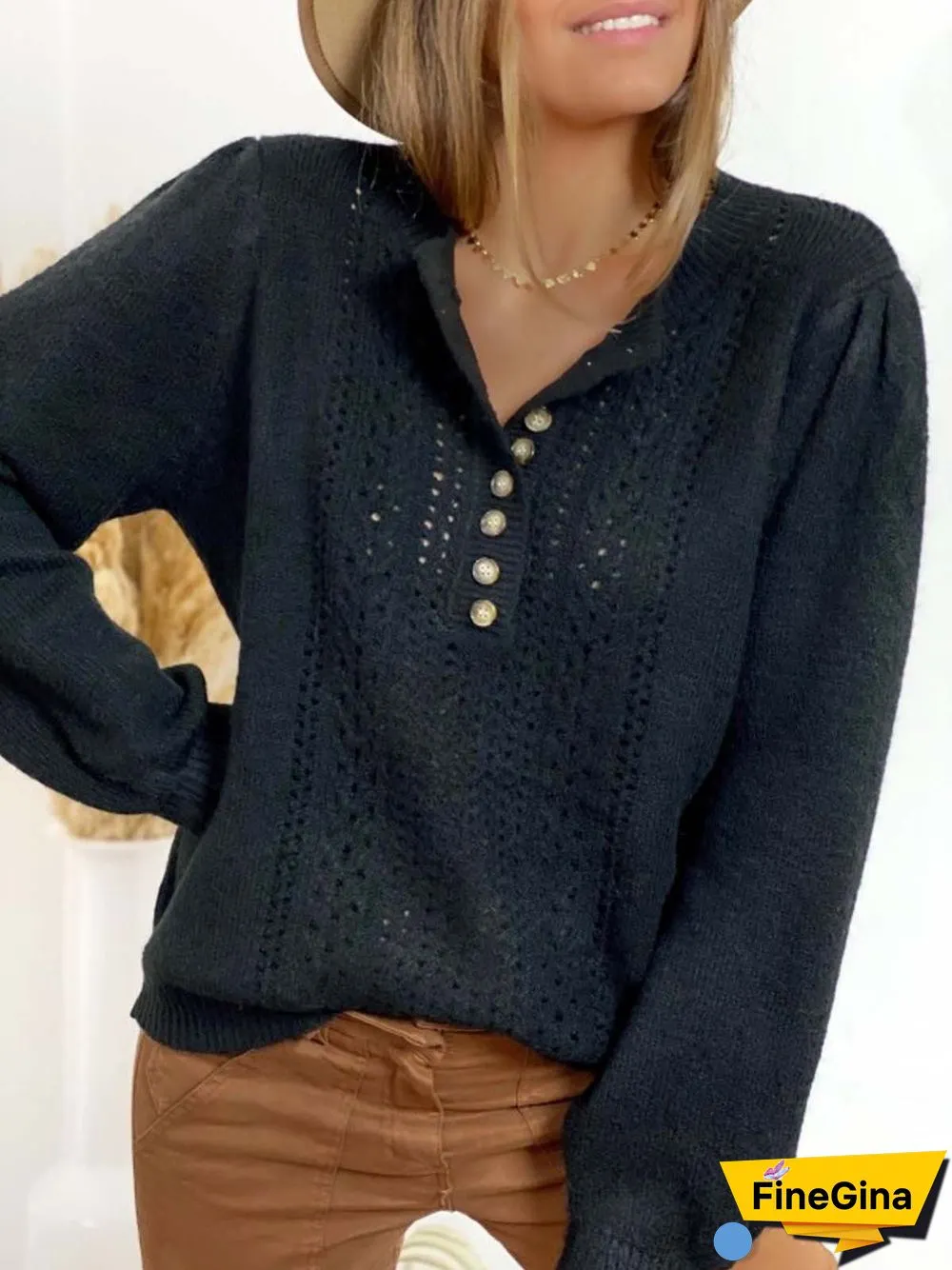 Long Sleeve Cotton-blend Crew Neck Casual Winter Black Knit