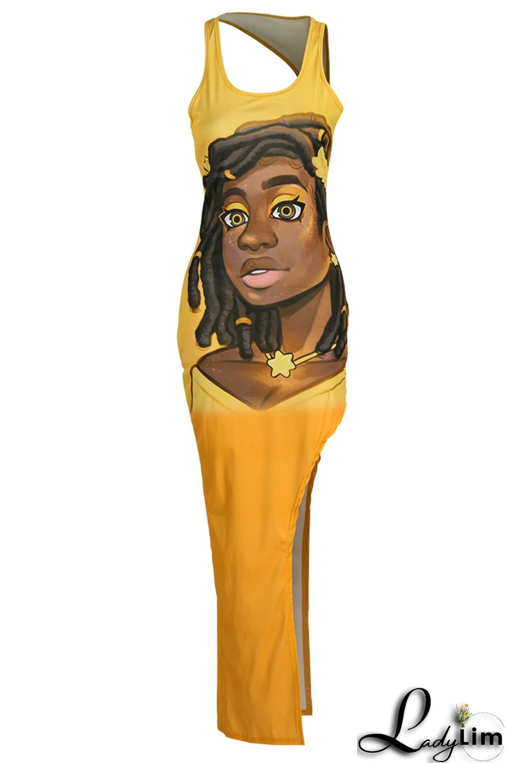 Orange Sexy Print Split Joint Slit O Neck Straight Dresses