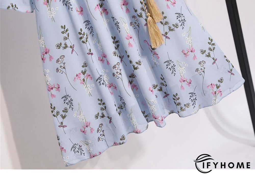 Spring Summer Chiffon Women V-Neck Floral Print Short Dresses Sweet Ruffle Sleeeve Slim Drawstring Ladies Dress | IFYHOME