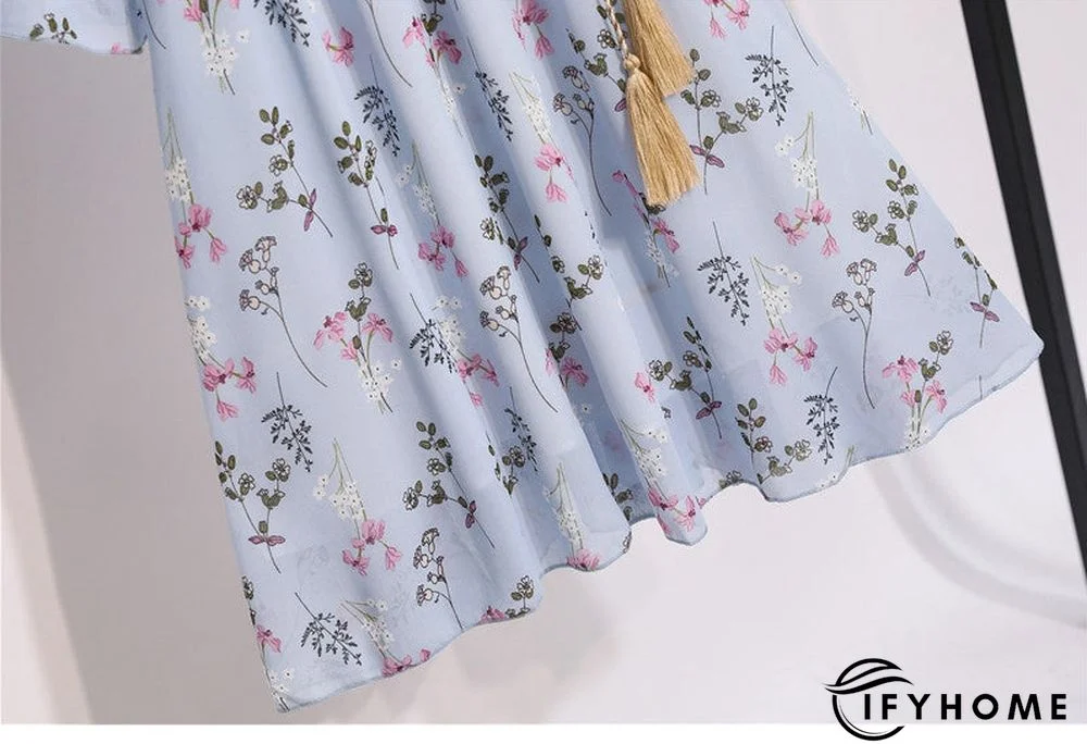 Spring Summer Chiffon Women V-Neck Floral Print Short Dresses Sweet Ruffle Sleeeve Slim Drawstring Ladies Dress | IFYHOME