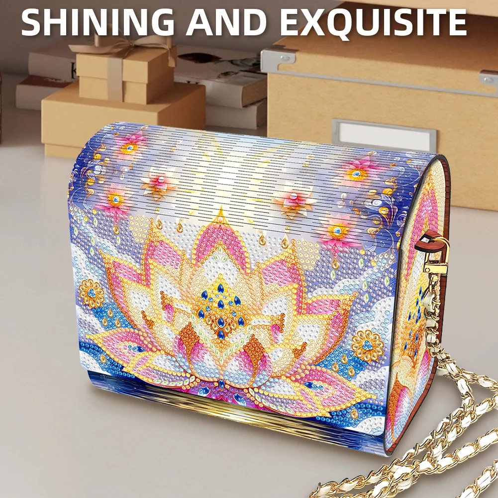 DIY Lotus Diamond Art Wooden Coin Pouch with Chain 5D Diamond Painting Purse