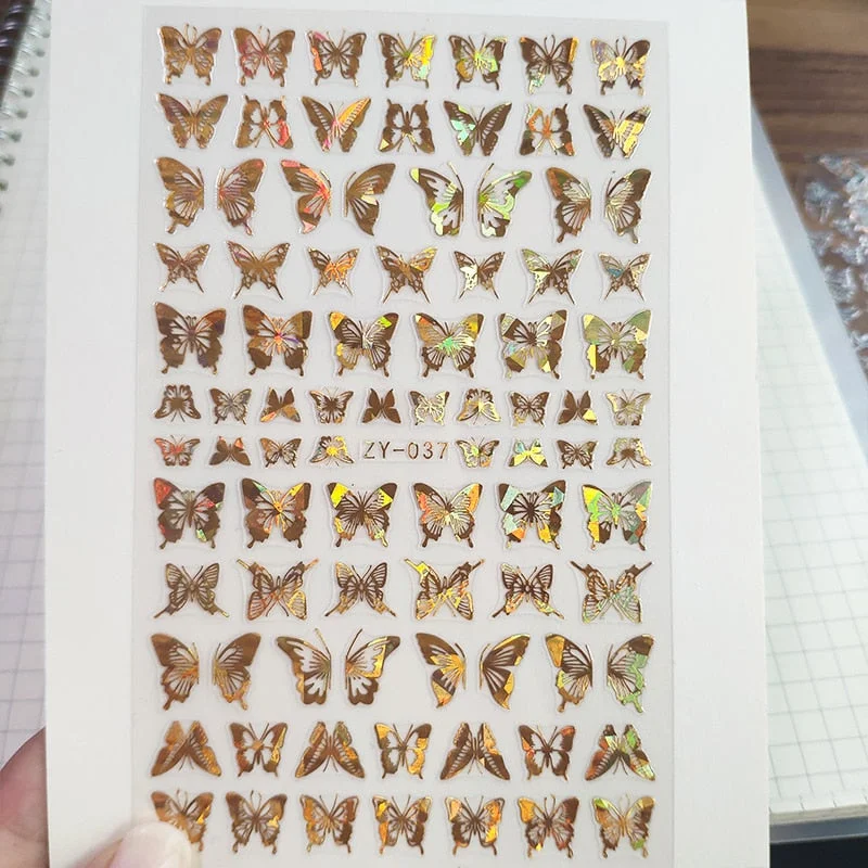 1PC Holographics 3D Butterfly Nail Art Stickers Adhesive Sliders Colorful DIY Golden Nail Transfer Decals Foils Wraps Decoration-Nail Inspo
