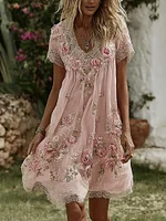 Women's Vintage Floral Art Print Flowy Linen Blend Casual Short Sleeve Mini Dress