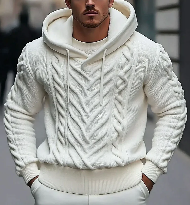 Men's White 3D Knitted Long Sleeve Hoodie