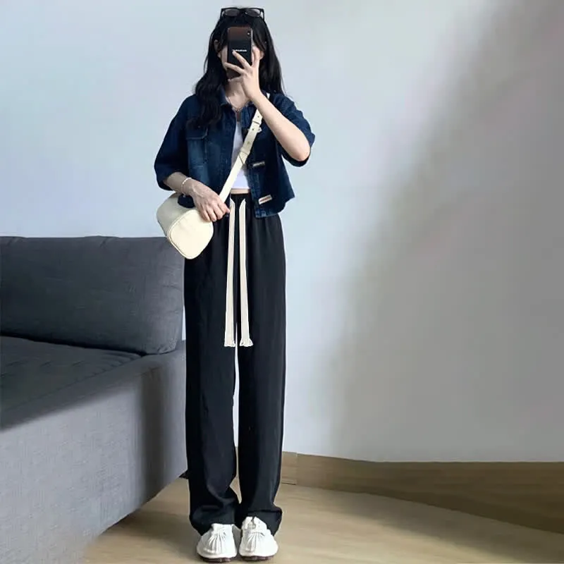 Lapel Short Denim T-Shirt Drawstring Pants Two Pieces Set