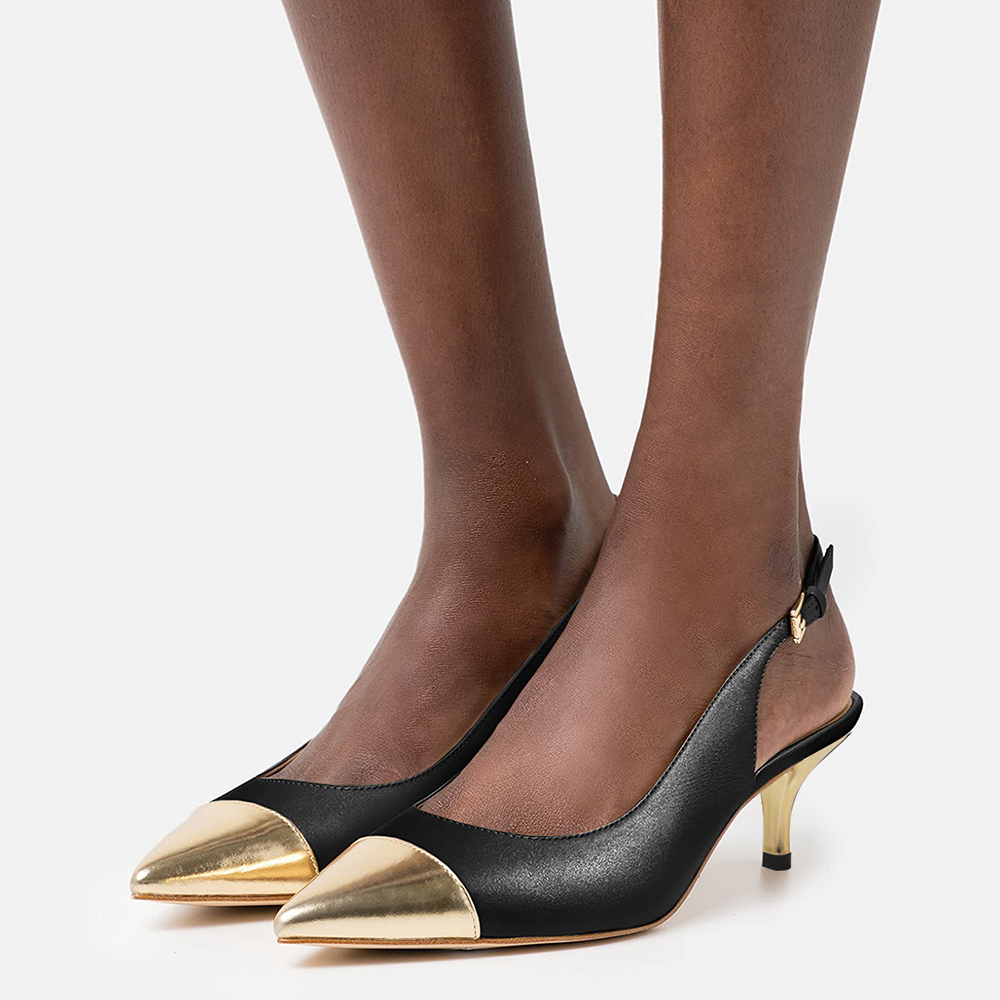 Black & Gold Pointed Toe Kitten Heel Slingback Pumps Nicepairs