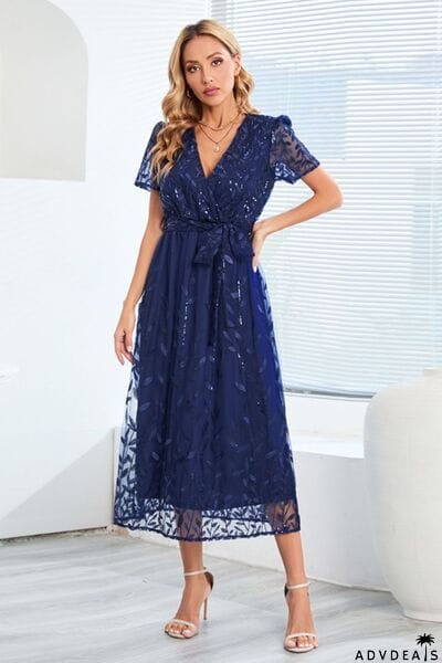 Sequin Leaf Embroidery Tie Front Short Sleeve Dress