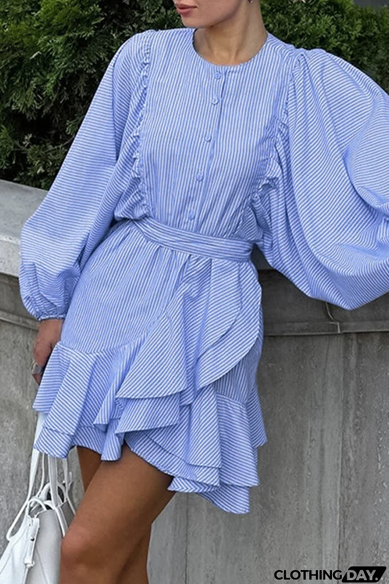 Elegant Striped Print Lace Up Buttons Ruffle O Neck A Line Dresses