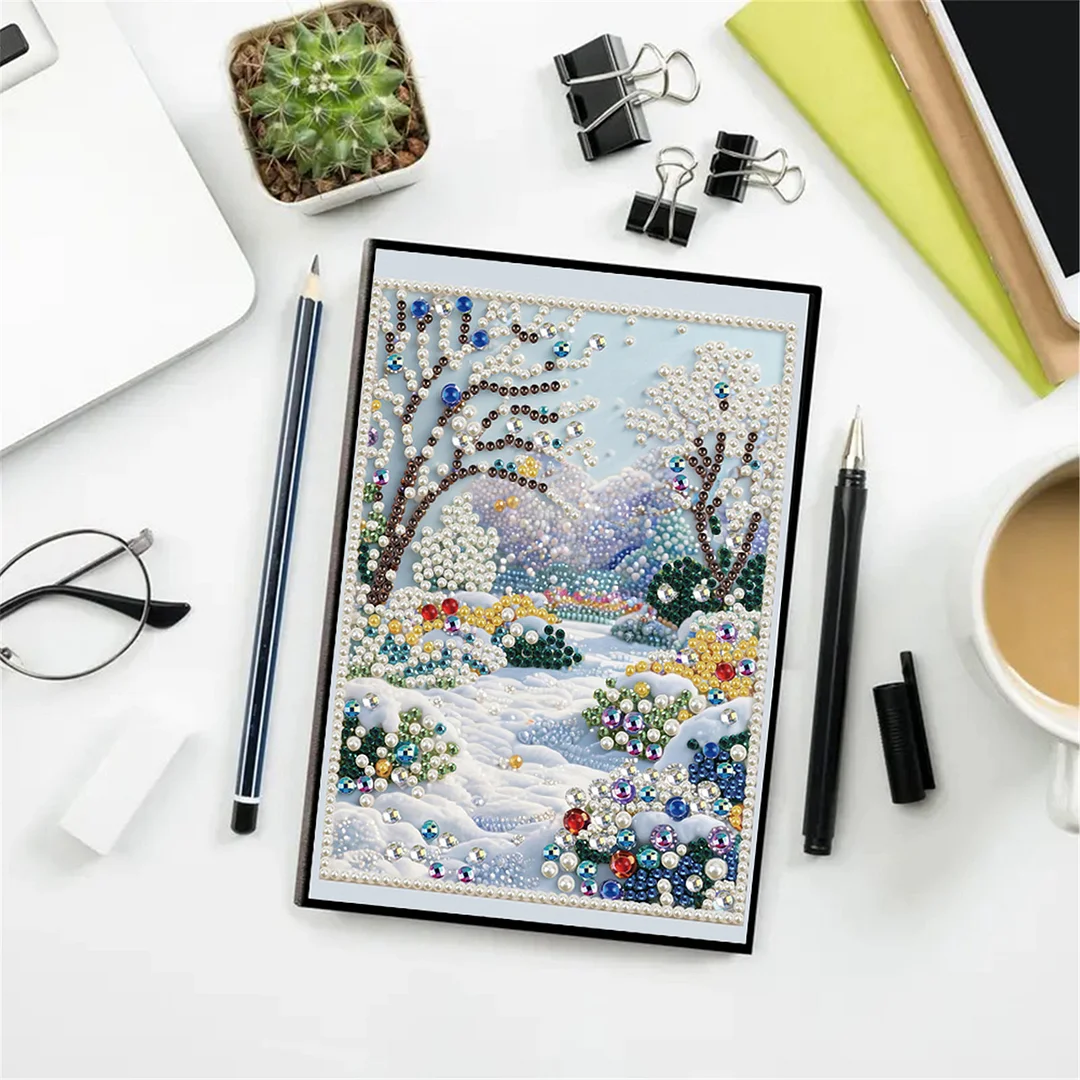 Winter Forest Partial Pearl DIY 50 Pages A5 Diamond Painting Notebook Special Shaped Diamond Art Diary Book Kits Wireless Strip 5D Crystal Art Paintings Sketchbook for Art Drawing