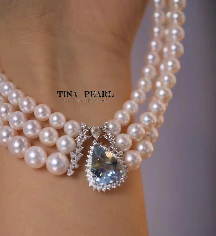 TINA Jewelry  Haute Couture seawater akoya Pearl necklace with three layers of 18k+ diamonds