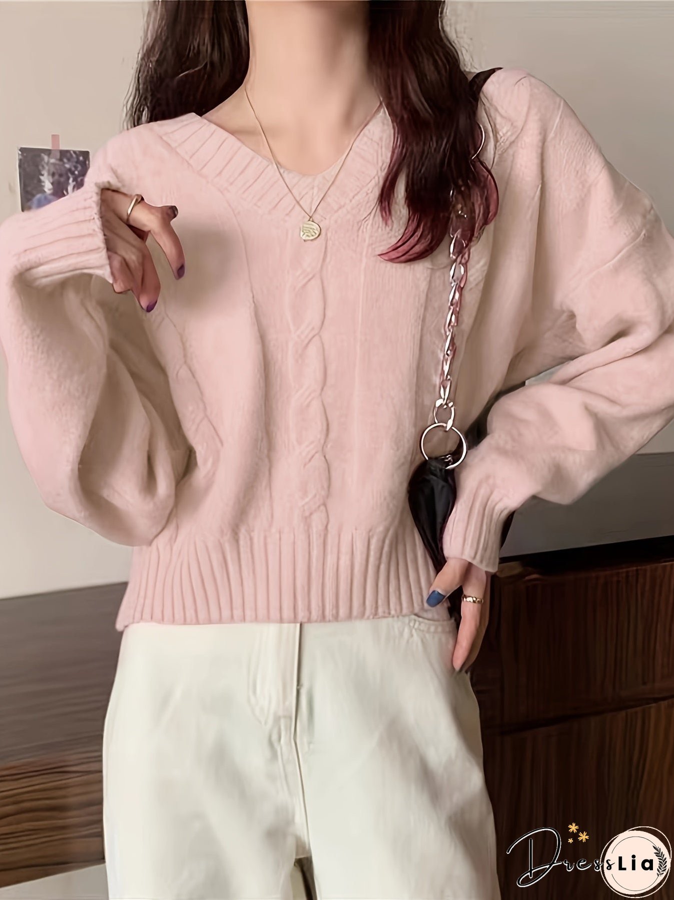 Solid V Neck Cable Knit Sweater, Casual Long Sleeve Pullover Sweater, Women's Clothing