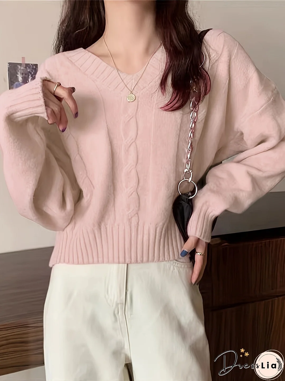 Solid V Neck Cable Knit Sweater, Casual Long Sleeve Pullover Sweater, Women's Clothing