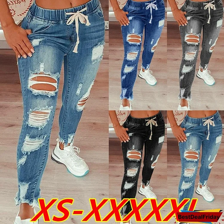 Women Summer Fashion Sexy Ripped High Waisted Jeans Tight Denim Long Pants