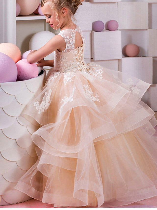 Oknass Ball Gown Sleeveless Jewel Neck Flower Girl Dresses Polyester With Tier Appliques