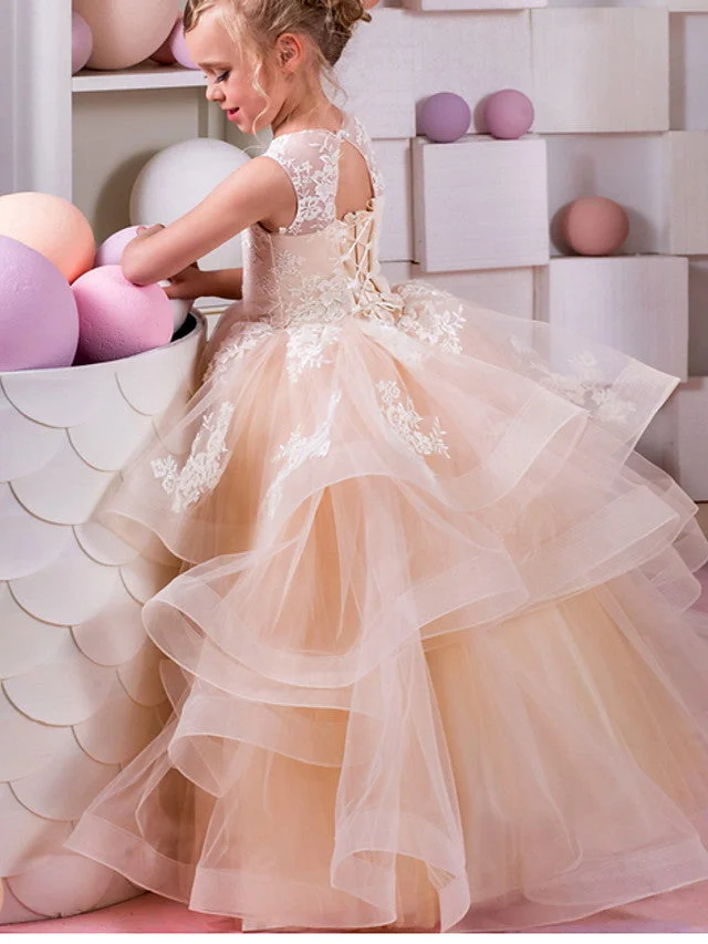 Hellodresses Ball Gown Sleeveless Jewel Neck Flower Girl Dresses Polyester With Tier Appliques