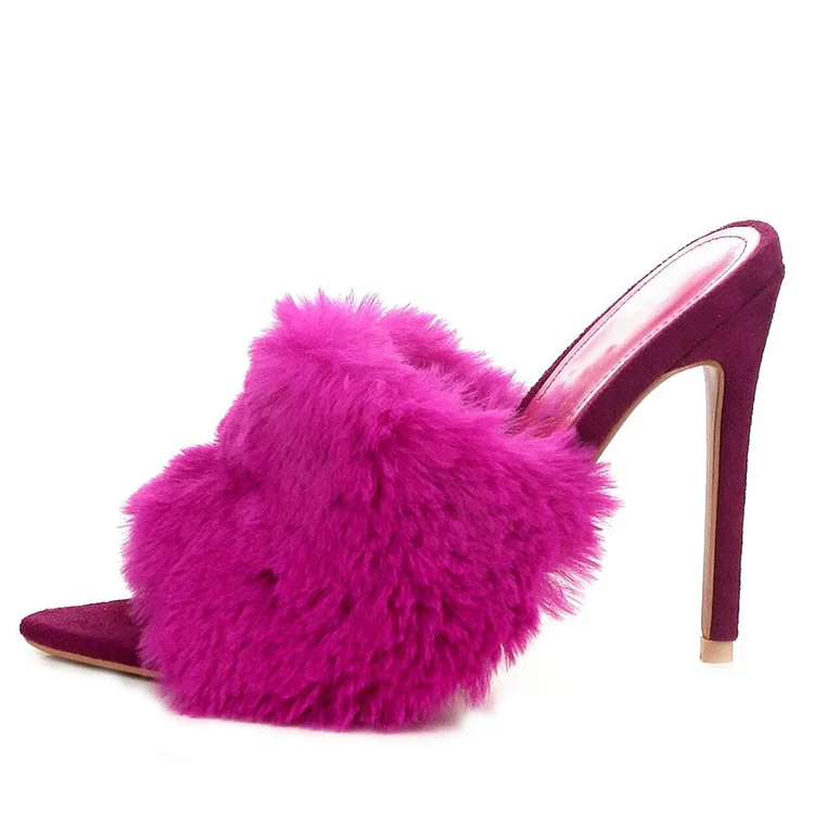 Fuchsia Vegan Suede Furry Mules Open Toe Faux Fur Stiletto Heels |FSJ Shoes