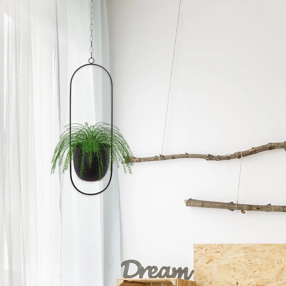 Nordic Hanging Iron Flower Pot Garden Succulent Chain Hanger Basket (Black)