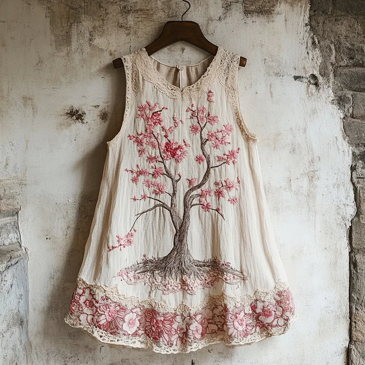 Women's Cherry Blossom Embroidery Lace Art Linen Tank