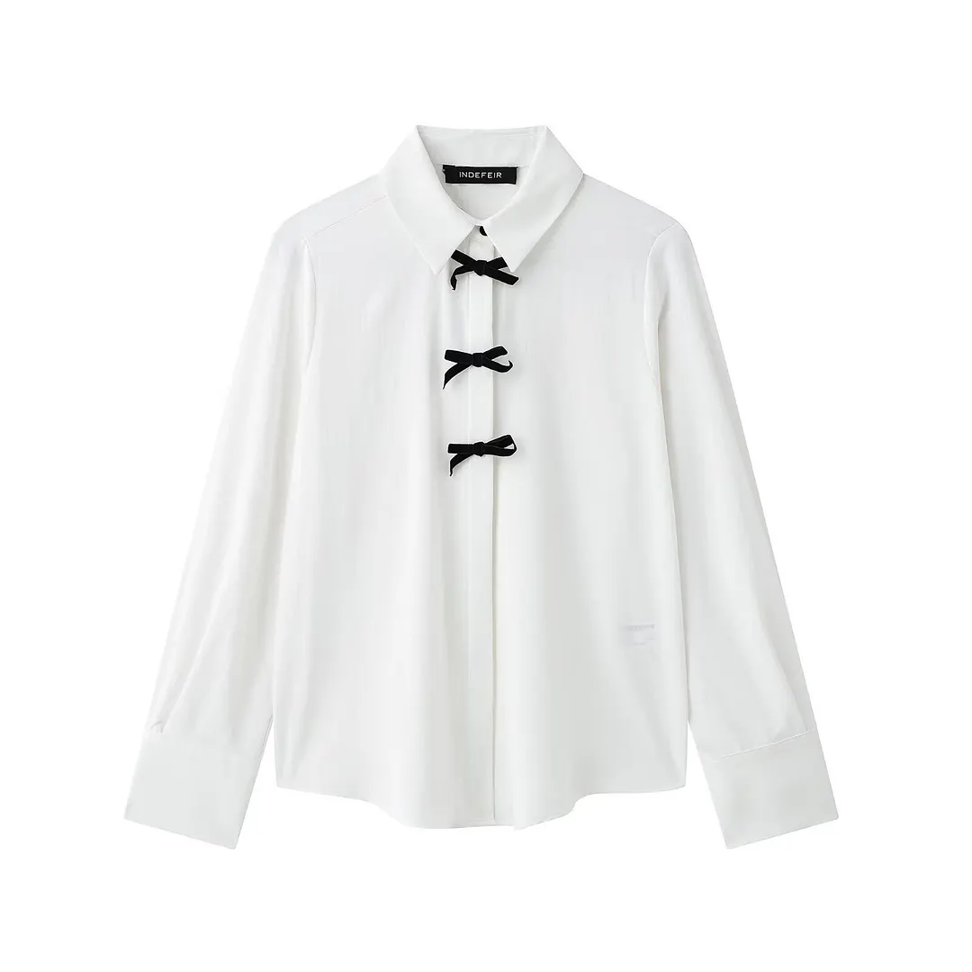 Churchf Churchf Bow Ornament Wave Point Printing Casual Shirt 2025 Spring And Summer Long-Sleeved Loose Women's Top