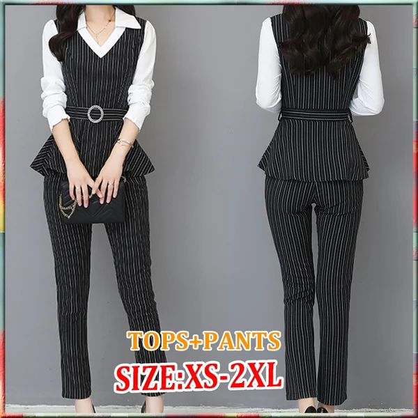 Grey Black Office Striped Two Piece Sets Outfits Women Plus Size Fake Two Pieces Shirts And Pants Suits Elegant Korean Sets