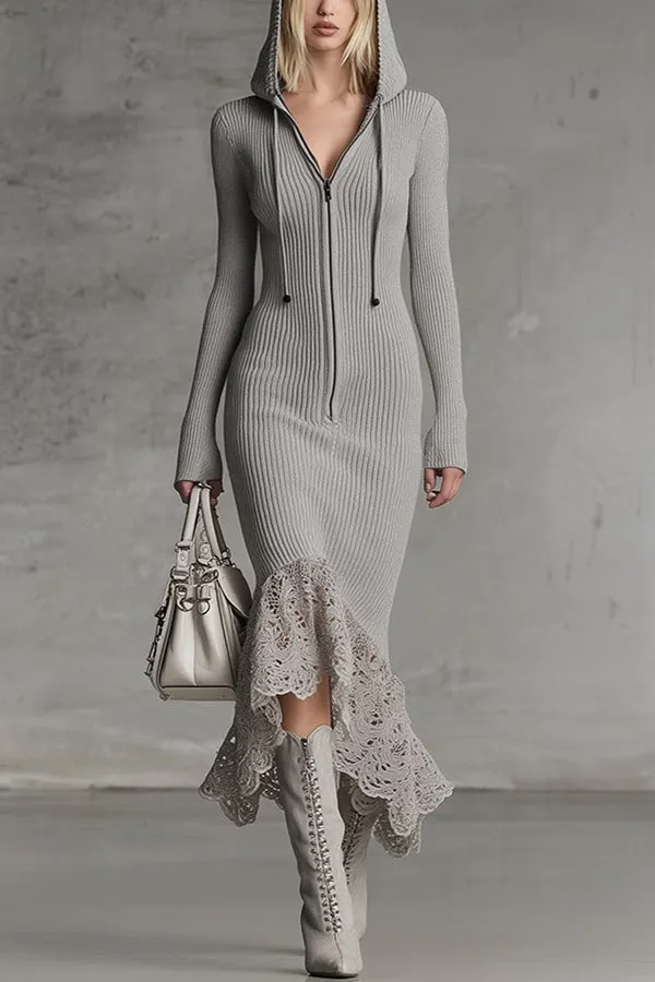 Solid Color Hooded Zip-up Long-sleeved Slim-fit Lace Hem Midi Dress
