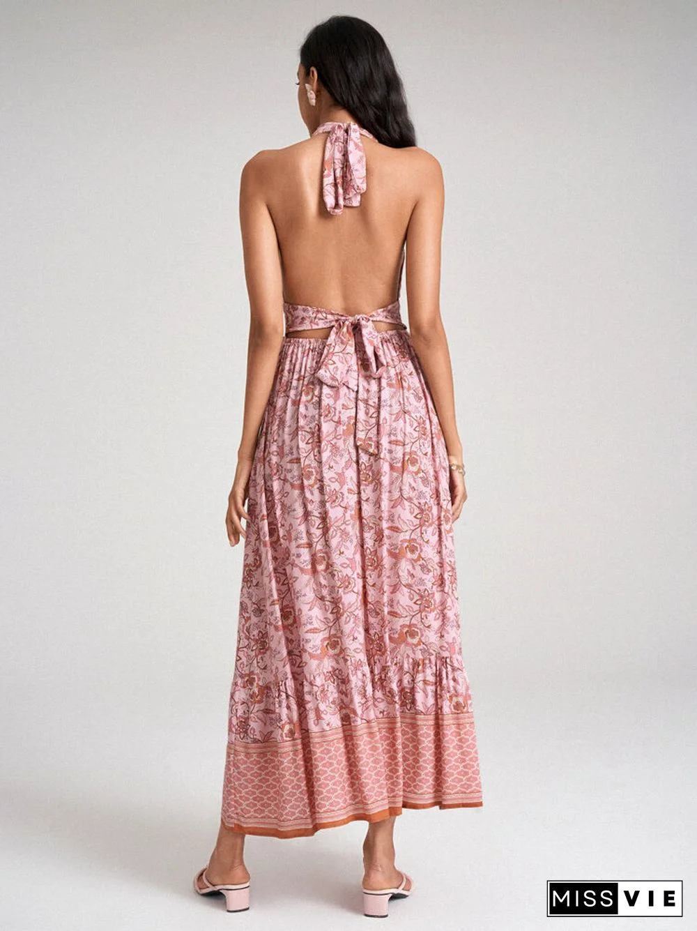 Bohemian Flower Self Tie Halter Open Back Bow Maxi Swing Dress