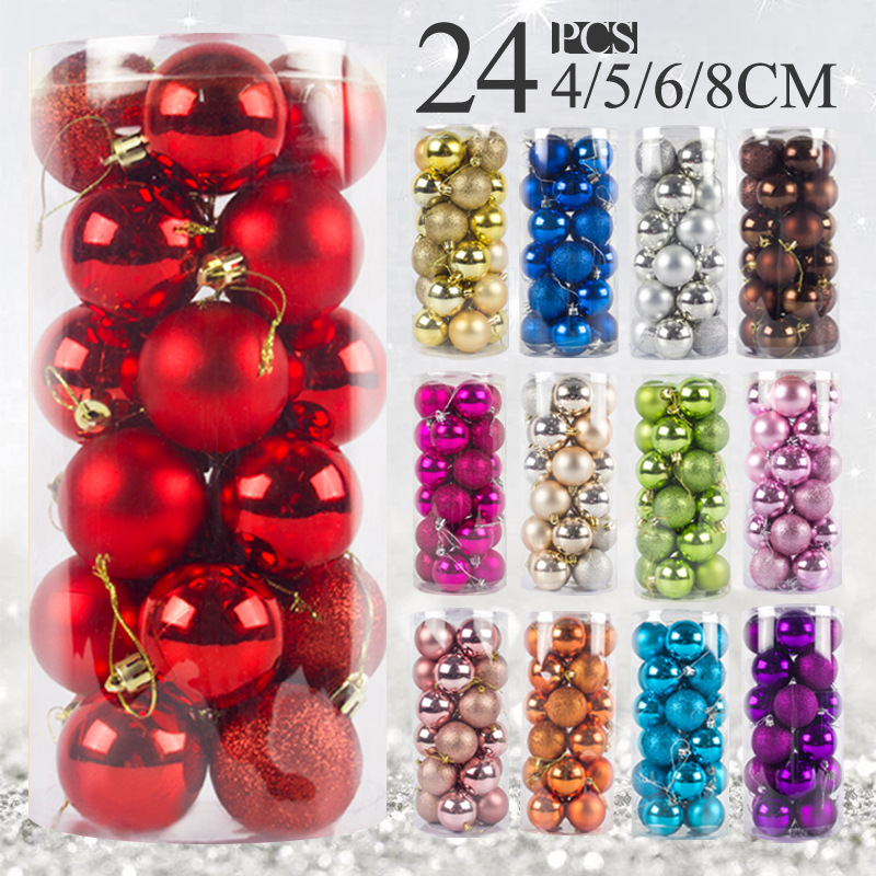 Colorful 4/6/8cm Christmas Tree Hanging Ball Decorations Set PVC Balls Ornaments Glitter 24 Pcs