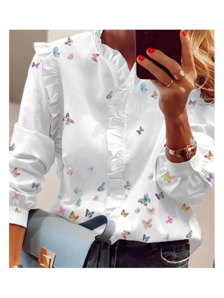 Butterfly Print Long Sleeve Lace Collar Blouse