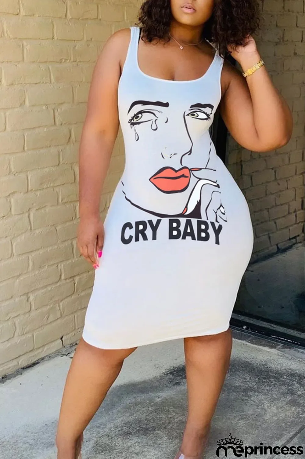 Pink Polyester Sexy White Green Pink Yellow Spaghetti Strap Sleeveless Slip Sheath Knee-Length Print Dresses