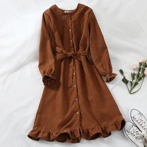 Dress Women O-Neck High Waist Elegant Korean Style Kawaii Chic Autumn New Womens Single Breasted Solid A-Line Long Sleeve Casual 1103-1