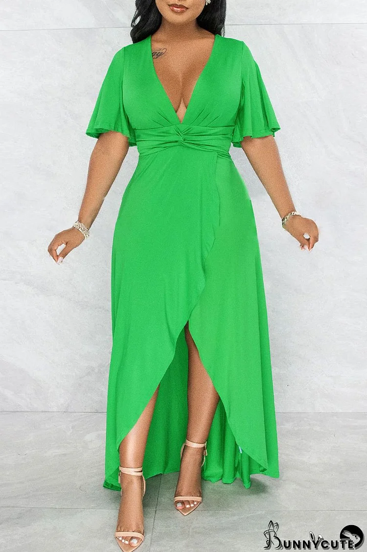 Green Casual Solid Split Joint Asymmetrical V Neck Straight Dresses