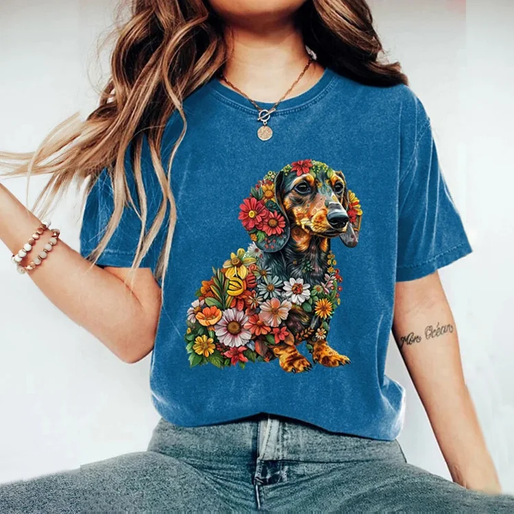 Women's Floral Dachshund Print Casual T-shirt