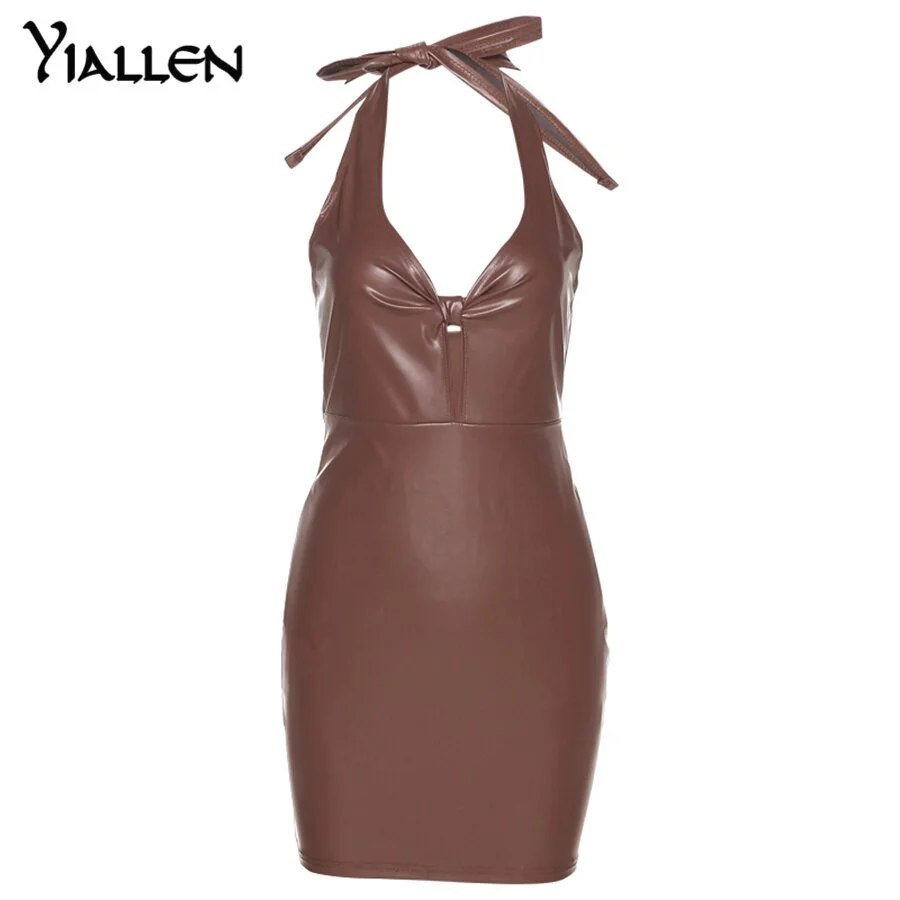Yiallen Summer Faux PU Leather Sexy Low V-Neck Mini Dress Women Sheath Cleavage Body-Shaping Lace Up Halter Sleeveless Female