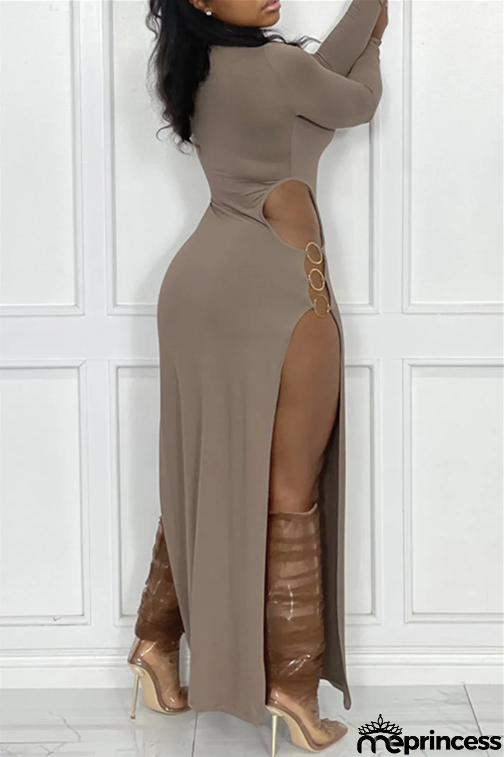 Black Sexy Casual Solid Hollowed Out Slit O Neck Long Sleeve Dresses