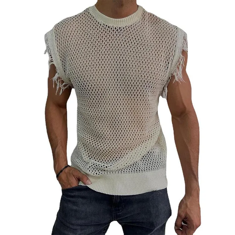 Men's Casual Solid Color Knitted Round Neck Sleeveless Hollow Tank Top 40348544Y