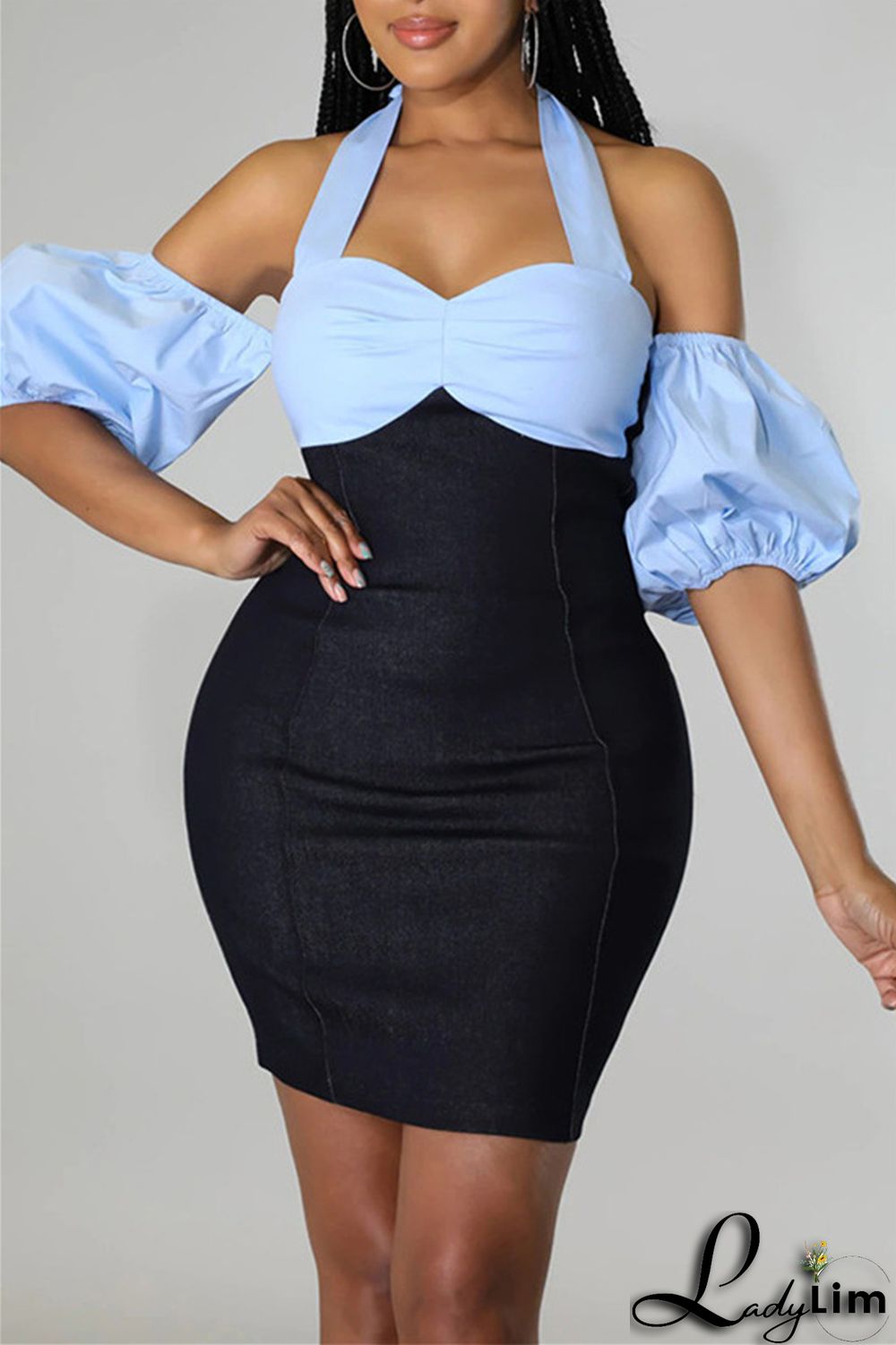 Blue Fashion Sexy Casual Solid Bandage Split Joint Backless Short Sleeve Dress